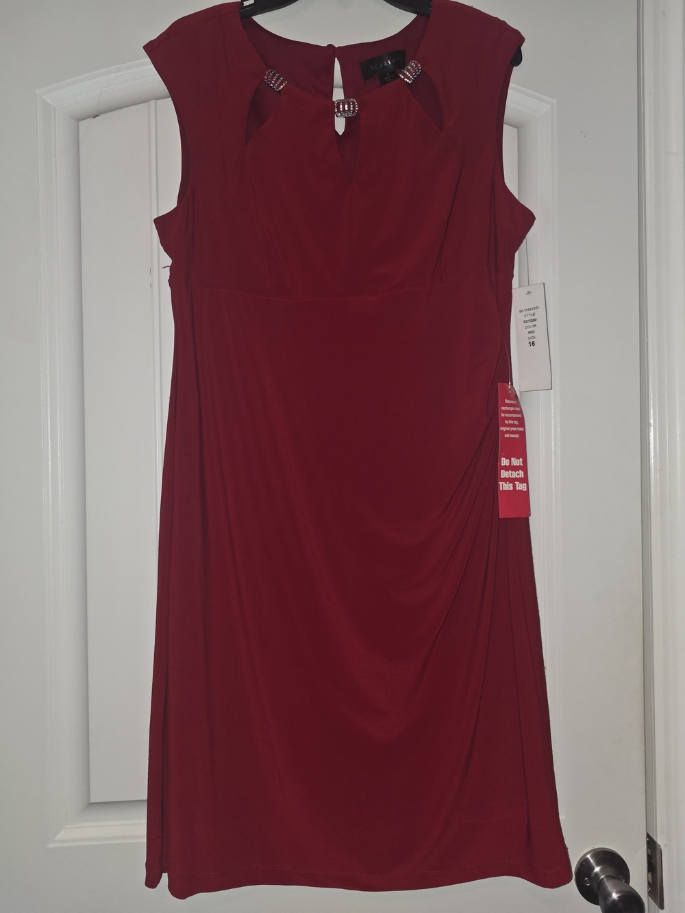 Size 16 Sleeveless Red Jewel-Accent Sheath Dress